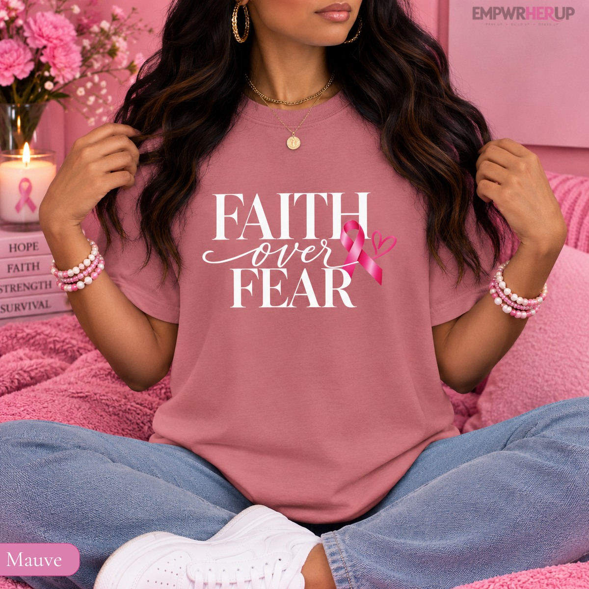 Faith Over Fear Shirt, Breast Cancer Awareness Tee, Christian Pink Ribbon T-Shirt, Cancer Survivor Gift, Faith Based Shirt for Women Printify