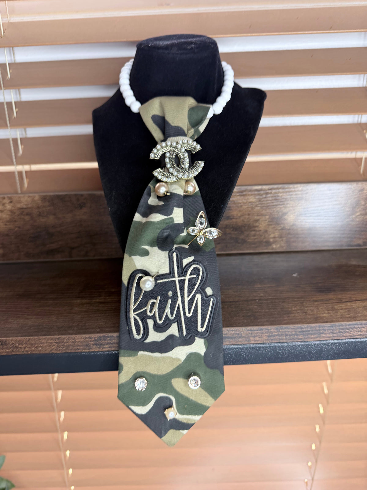Camo Faith Junk Tie Necklace with Pearl Brooch & Rhinestones (Preorder) T Styles Online