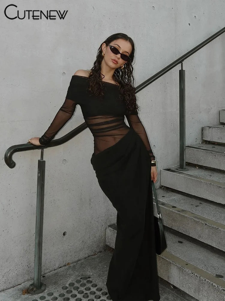 Cutenew Mesh Ruched Women Maxi Dress Sexy See Through Off Shoulder Long Sleeve Sheath Vestidos Female Midnight Party Solid Robe T Styles Online