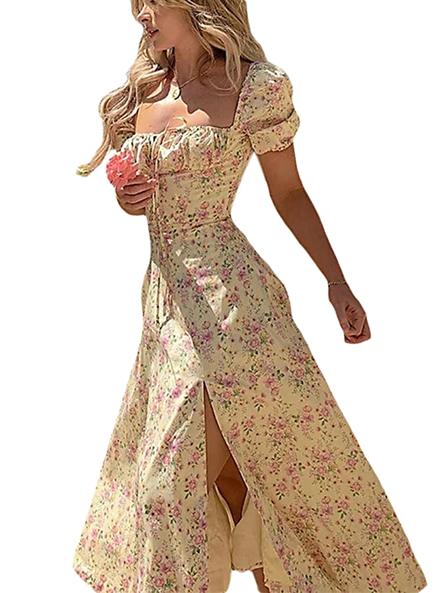 Elegant Women s Maxi Dress with Puff Sleeves Lace-Up Detail Floral Print and High Side Split for a Stylish Look T Styles Online