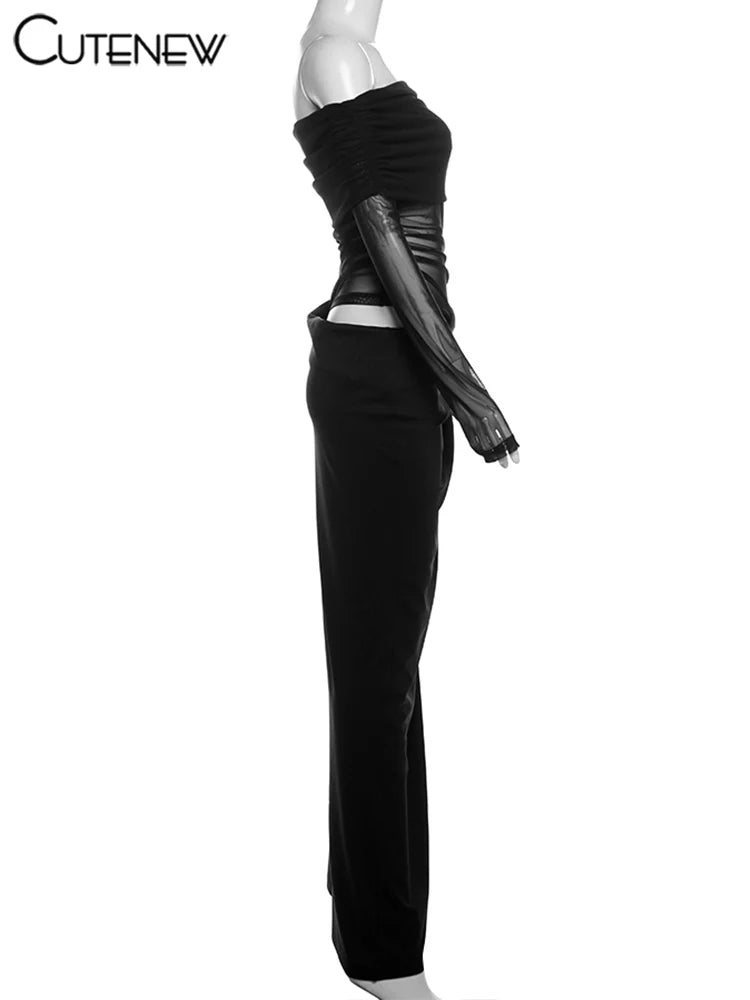 Cutenew Mesh Ruched Women Maxi Dress Sexy See Through Off Shoulder Long Sleeve Sheath Vestidos Female Midnight Party Solid Robe T Styles Online