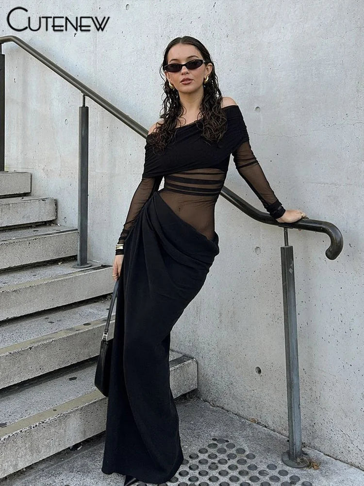 Cutenew Mesh Ruched Women Maxi Dress Sexy See Through Off Shoulder Long Sleeve Sheath Vestidos Female Midnight Party Solid Robe T Styles Online