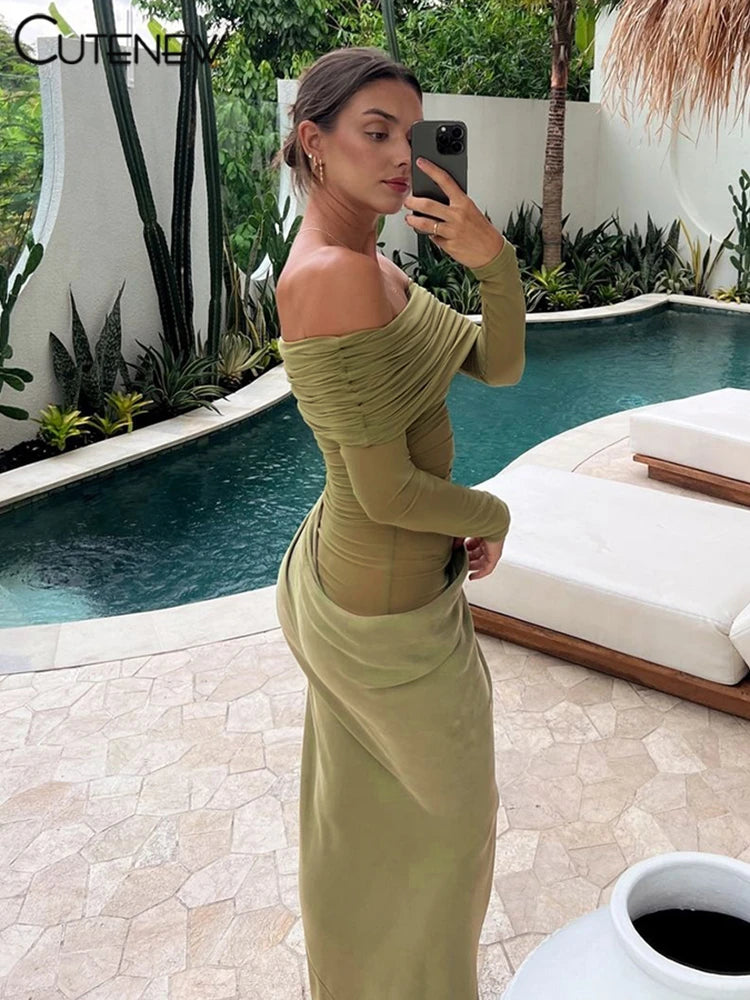 Cutenew Mesh Ruched Women Maxi Dress Sexy See Through Off Shoulder Long Sleeve Sheath Vestidos Female Midnight Party Solid Robe T Styles Online