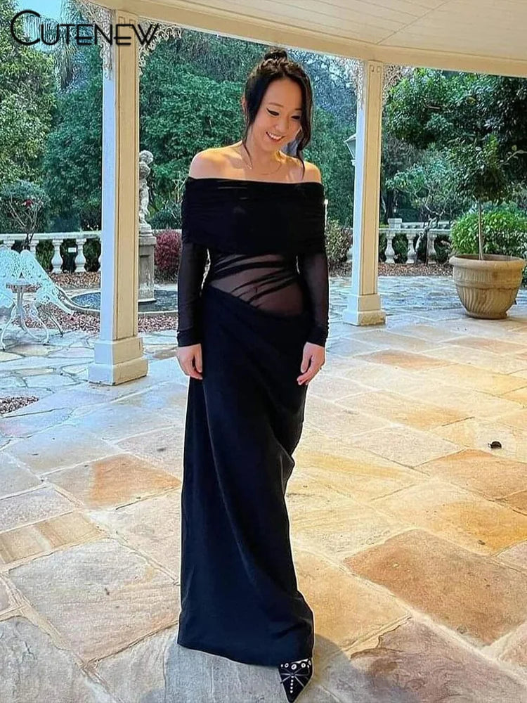Cutenew Mesh Ruched Women Maxi Dress Sexy See Through Off Shoulder Long Sleeve Sheath Vestidos Female Midnight Party Solid Robe T Styles Online