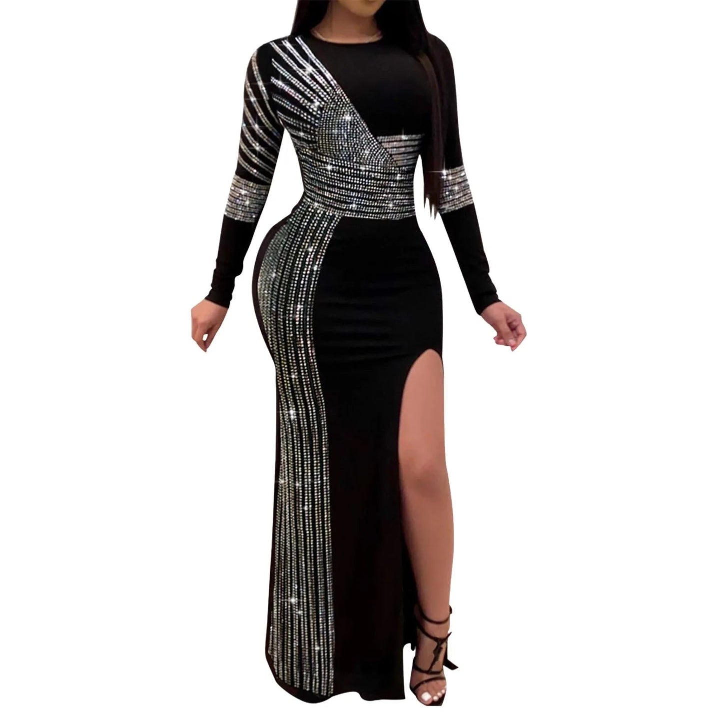 Women Evening Gowns Spring Autumn Long Sleeve Party Dress Rhinestone Glitter Floor Length Split Dress Female Sequined Maxi Dress T Styles Online