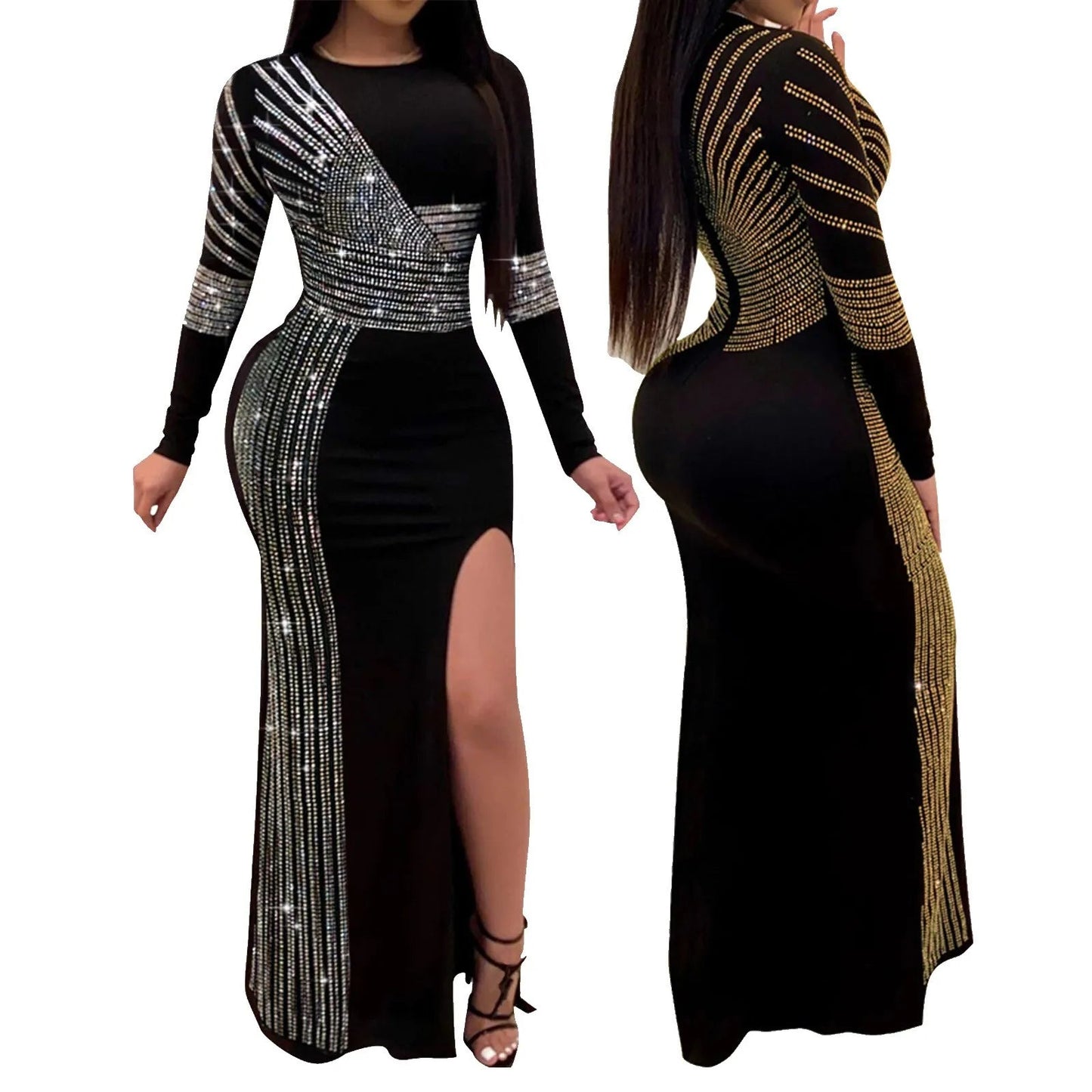 Women Evening Gowns Spring Autumn Long Sleeve Party Dress Rhinestone Glitter Floor Length Split Dress Female Sequined Maxi Dress T Styles Online