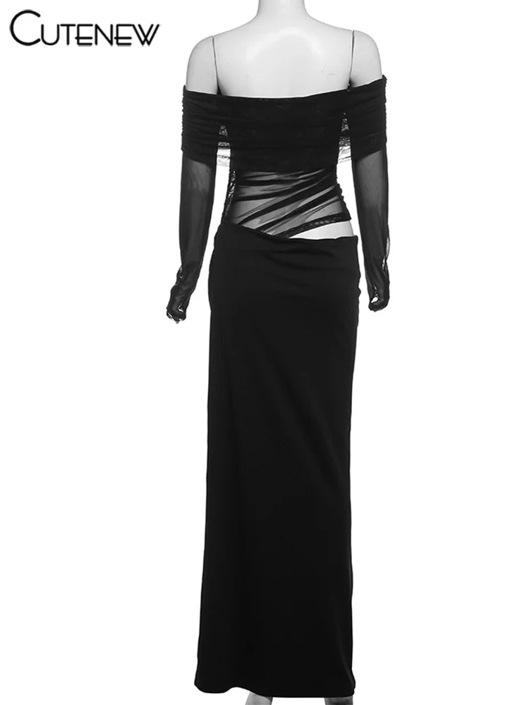 Cutenew Mesh Ruched Women Maxi Dress Sexy See Through Off Shoulder Long Sleeve Sheath Vestidos Female Midnight Party Solid Robe T Styles Online