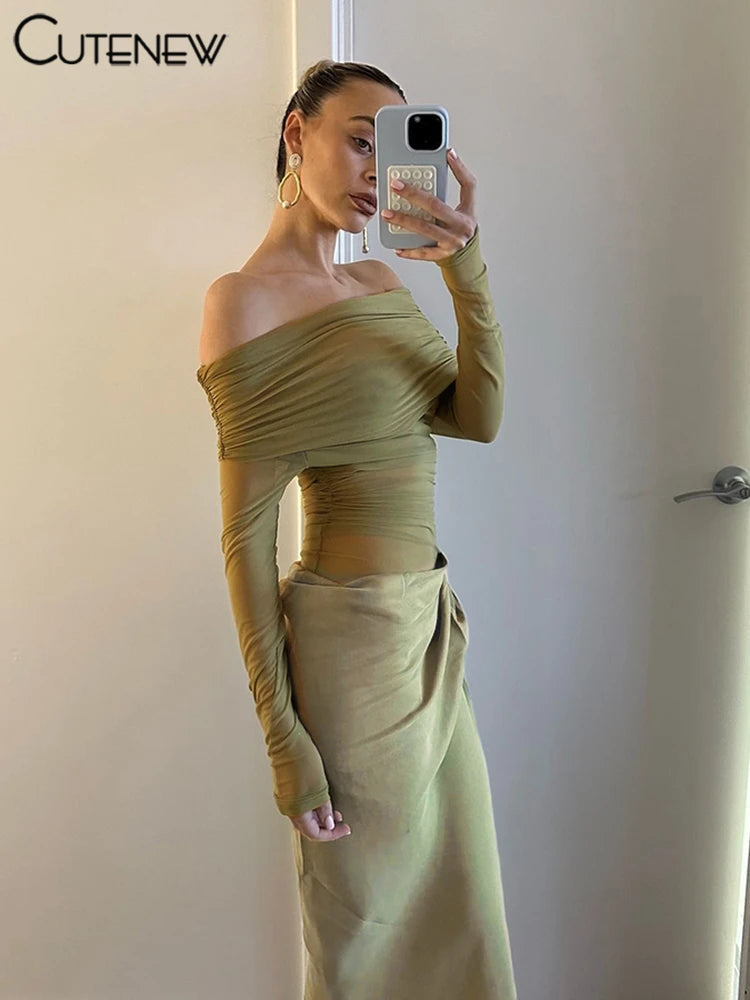 Cutenew Mesh Ruched Women Maxi Dress Sexy See Through Off Shoulder Long Sleeve Sheath Vestidos Female Midnight Party Solid Robe T Styles Online
