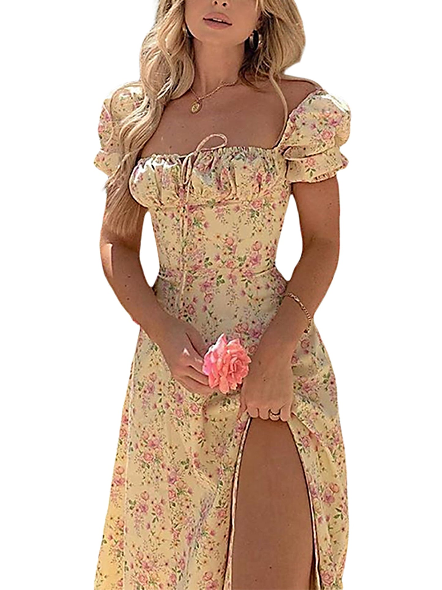 Elegant Women s Maxi Dress with Puff Sleeves Lace-Up Detail Floral Print and High Side Split for a Stylish Look T Styles Online
