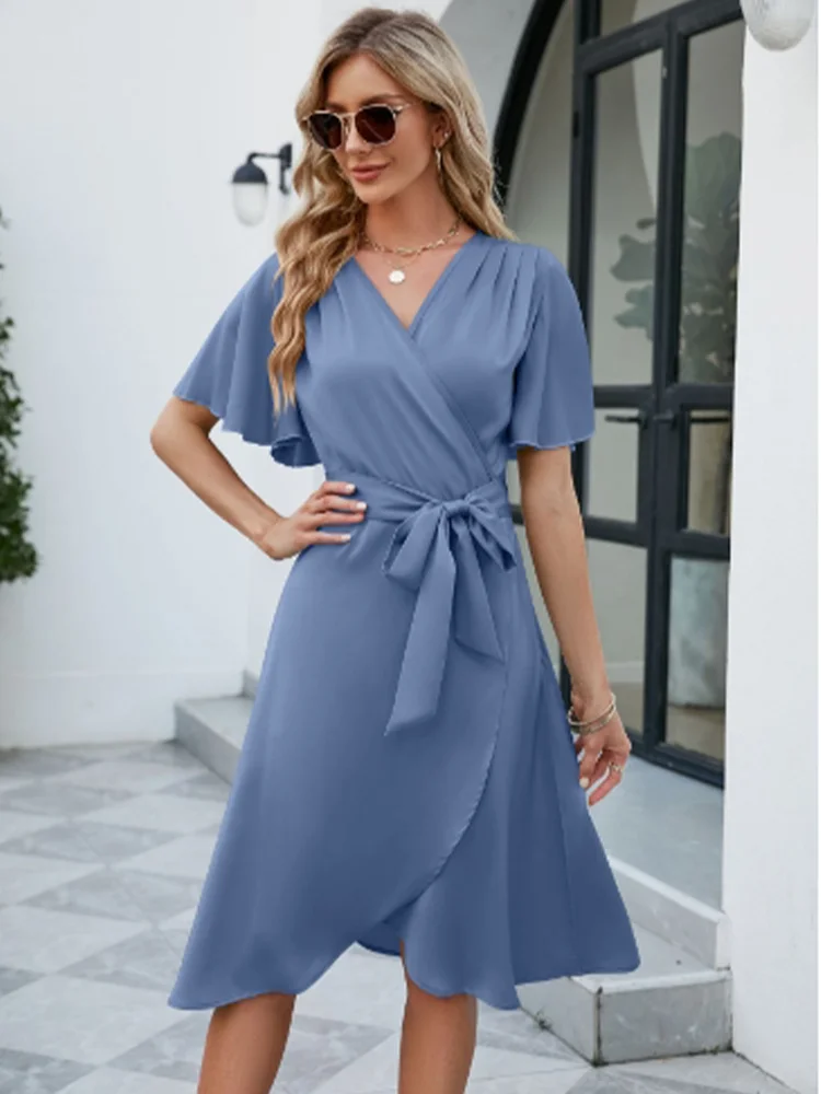 Solid Color Horn Short Sleeved V-neck Lace Up Women's Dress Fashionable Street Elegant Commuting Style Summer Dress T Styles Online