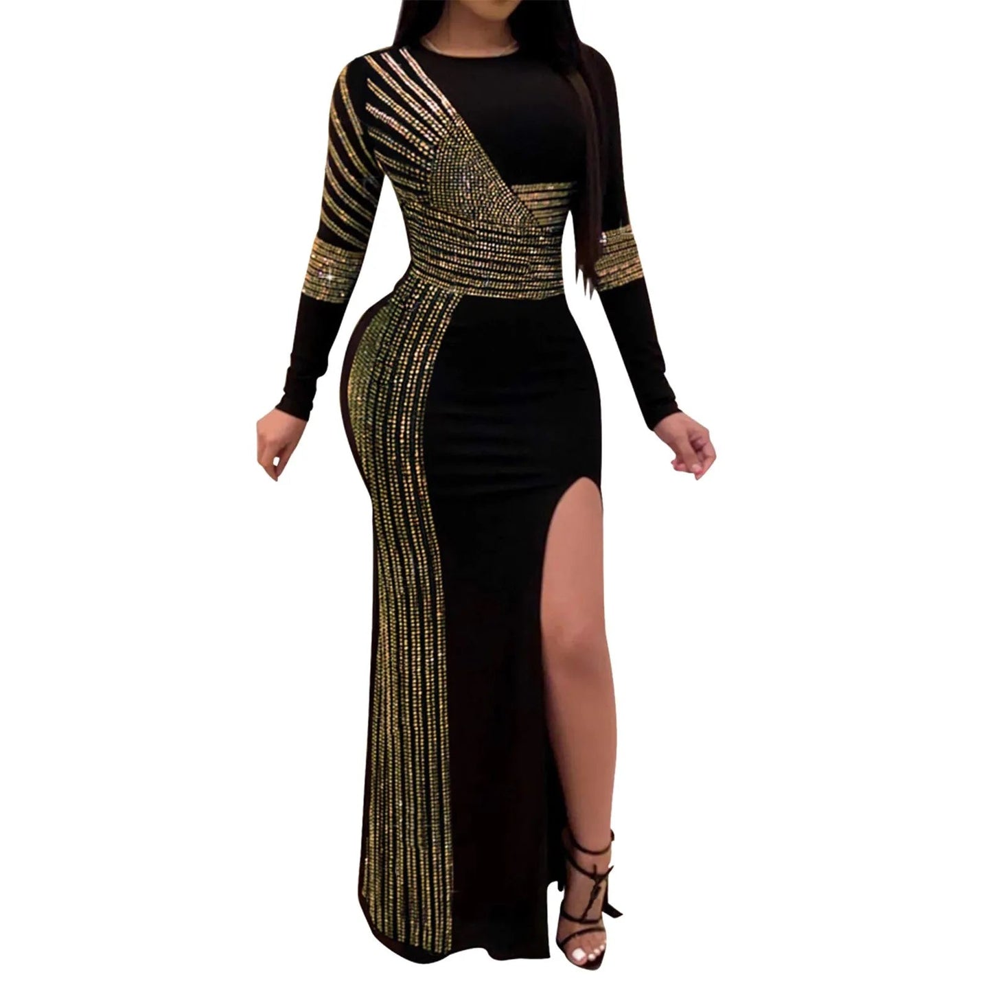 Women Evening Gowns Spring Autumn Long Sleeve Party Dress Rhinestone Glitter Floor Length Split Dress Female Sequined Maxi Dress T Styles Online