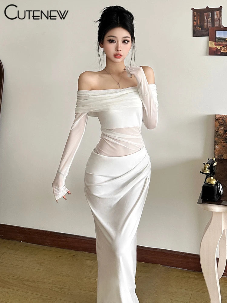Cutenew Mesh Ruched Women Maxi Dress Sexy See Through Off Shoulder Long Sleeve Sheath Vestidos Female Midnight Party Solid Robe T Styles Online