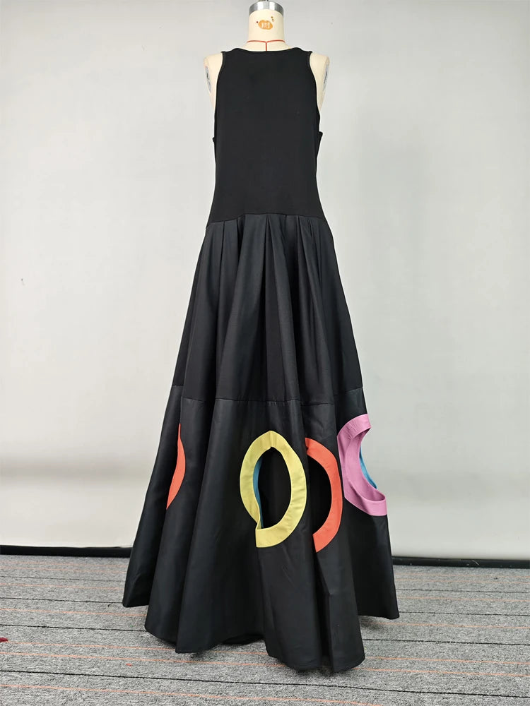 2025 Fashion Women's Stylish Dress Round Neck Sleeveless High Waist Pleated Party Dress Hollowed Floor Length Dress T Styles Online