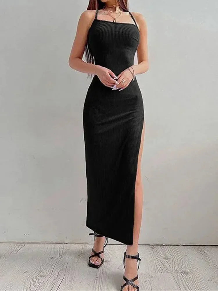 Sexy Black Long Bodycon Dress Women Summer Sleeveless Blackless Halter Neck Spaghetti Strap Dresses High Split Vestidos T Styles Online