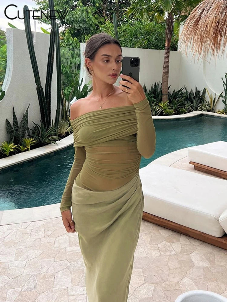 Cutenew Mesh Ruched Women Maxi Dress Sexy See Through Off Shoulder Long Sleeve Sheath Vestidos Female Midnight Party Solid Robe T Styles Online