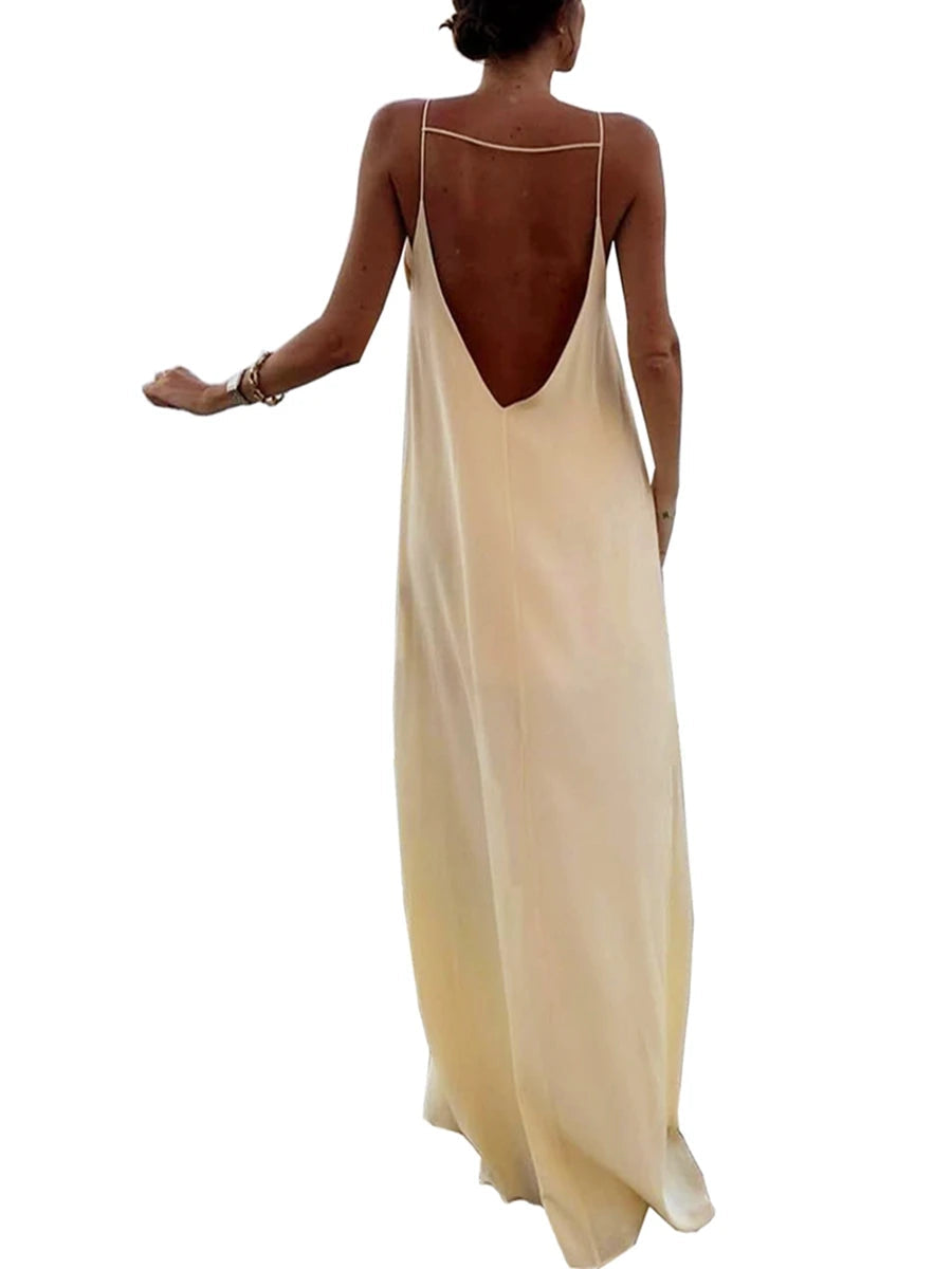 Elegant Satin Maxi Dress with Sleeveless Design Spaghetti Straps and Stunning Open Back Detail for Evening Events and Parties T Styles Online