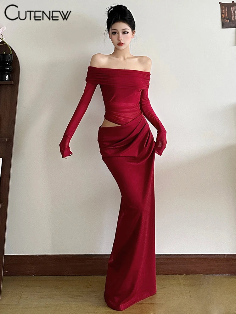Cutenew Mesh Ruched Women Maxi Dress Sexy See Through Off Shoulder Long Sleeve Sheath Vestidos Female Midnight Party Solid Robe T Styles Online