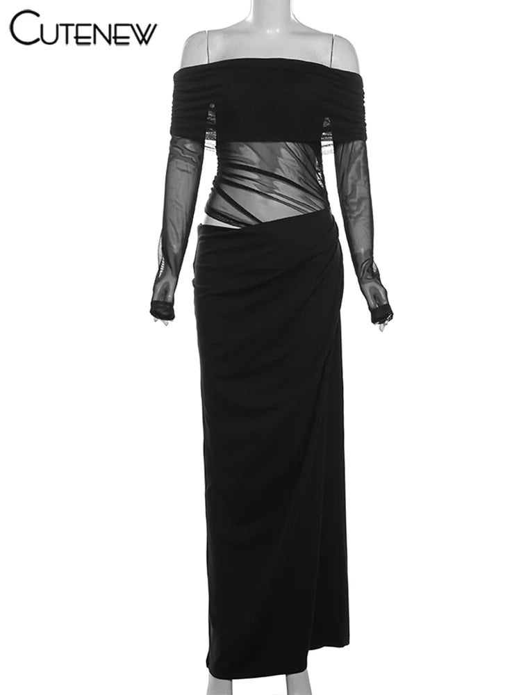 Cutenew Mesh Ruched Women Maxi Dress Sexy See Through Off Shoulder Long Sleeve Sheath Vestidos Female Midnight Party Solid Robe T Styles Online