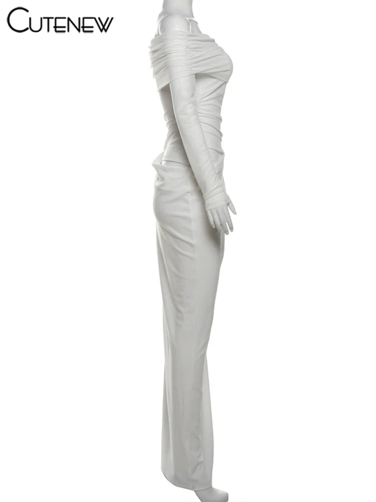 Cutenew Mesh Ruched Women Maxi Dress Sexy See Through Off Shoulder Long Sleeve Sheath Vestidos Female Midnight Party Solid Robe T Styles Online