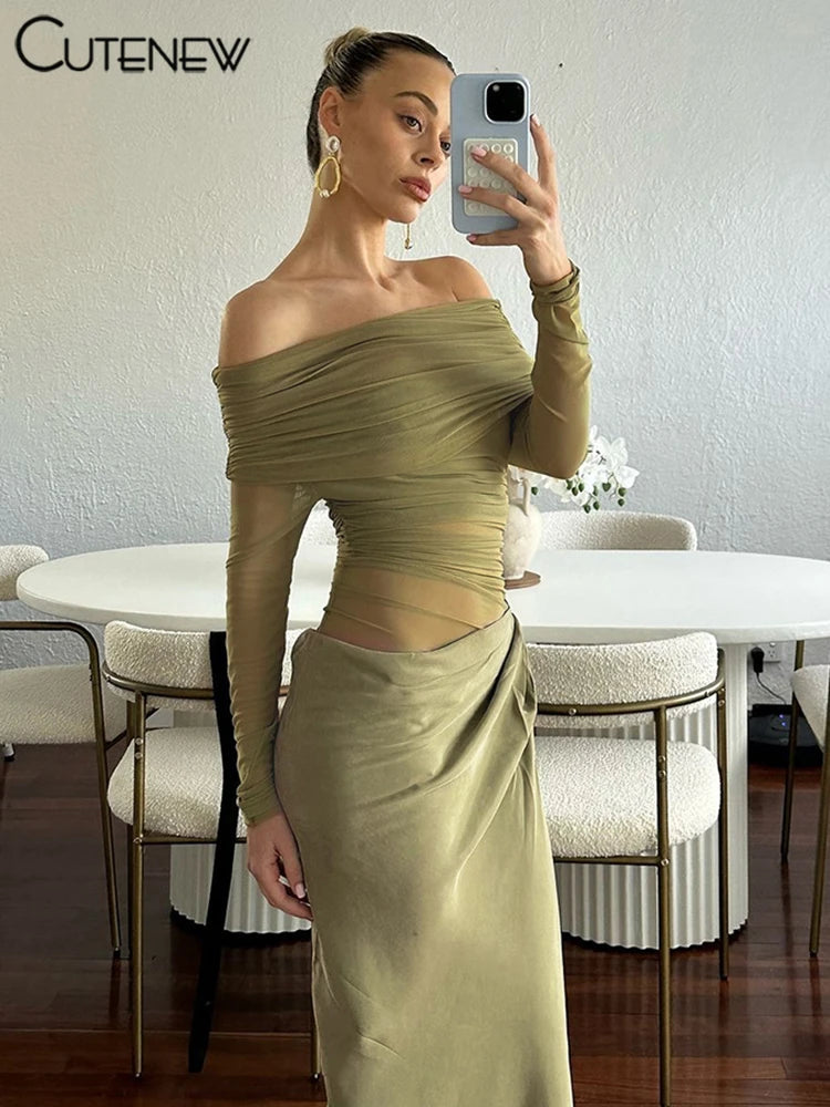 Cutenew Mesh Ruched Women Maxi Dress Sexy See Through Off Shoulder Long Sleeve Sheath Vestidos Female Midnight Party Solid Robe T Styles Online