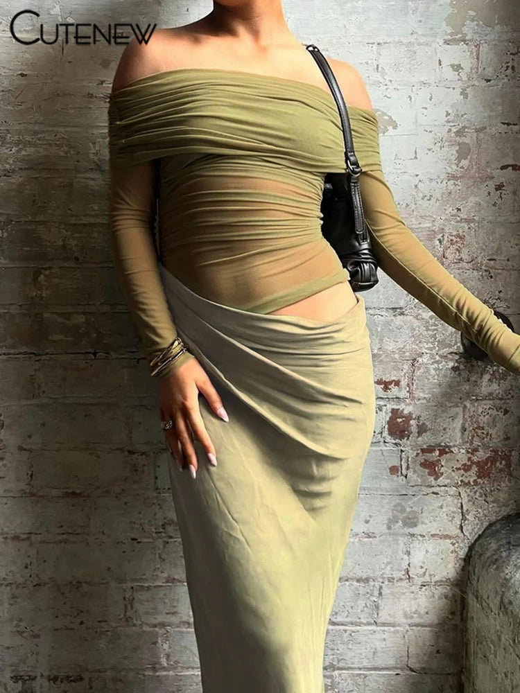 Cutenew Mesh Ruched Women Maxi Dress Sexy See Through Off Shoulder Long Sleeve Sheath Vestidos Female Midnight Party Solid Robe T Styles Online