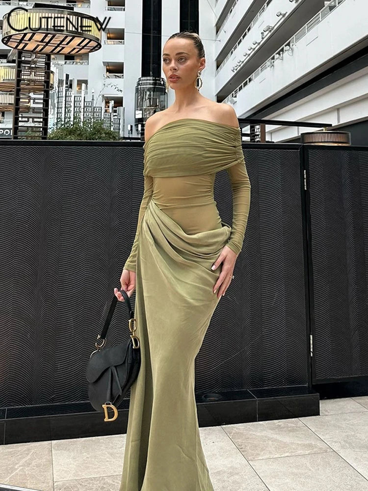 Cutenew Mesh Ruched Women Maxi Dress Sexy See Through Off Shoulder Long Sleeve Sheath Vestidos Female Midnight Party Solid Robe T Styles Online