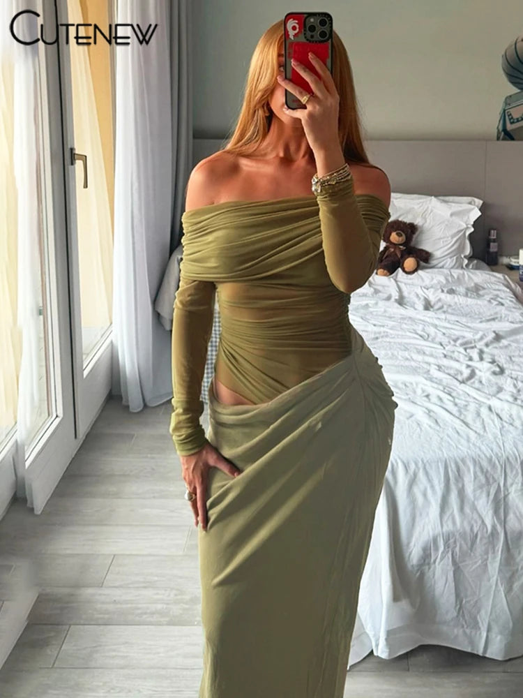 Cutenew Mesh Ruched Women Maxi Dress Sexy See Through Off Shoulder Long Sleeve Sheath Vestidos Female Midnight Party Solid Robe T Styles Online