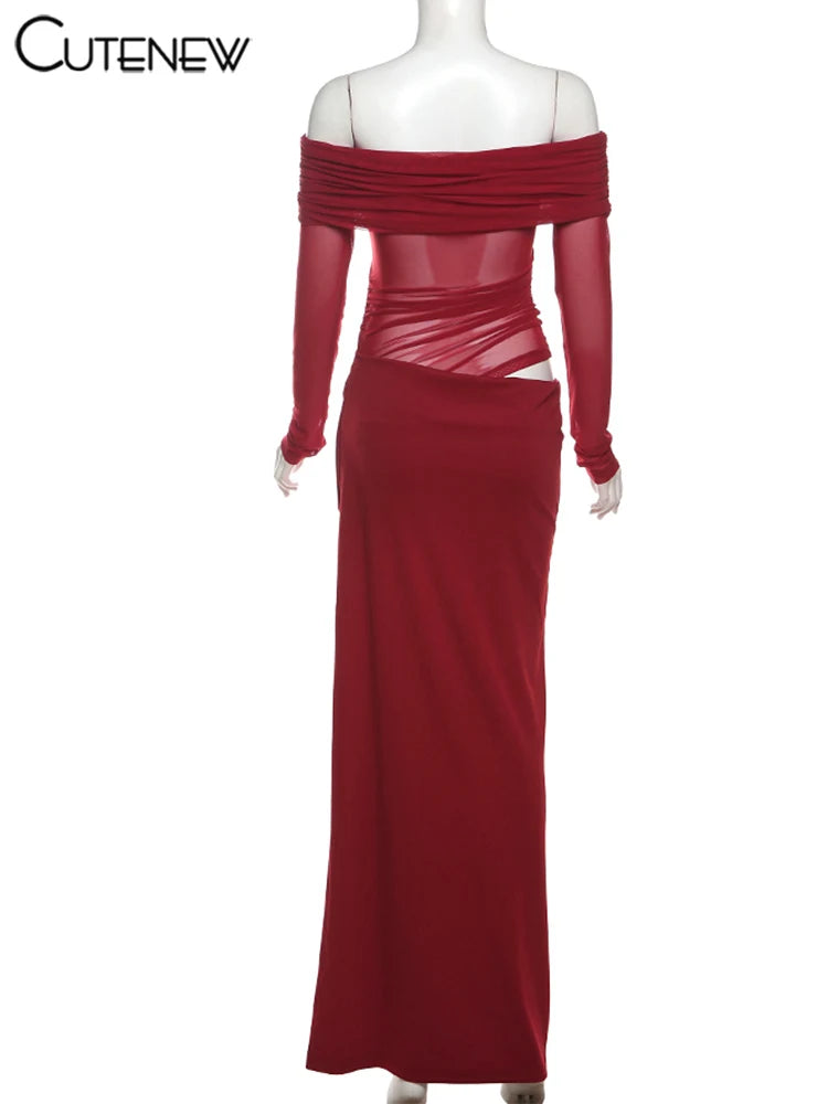 Cutenew Mesh Ruched Women Maxi Dress Sexy See Through Off Shoulder Long Sleeve Sheath Vestidos Female Midnight Party Solid Robe T Styles Online