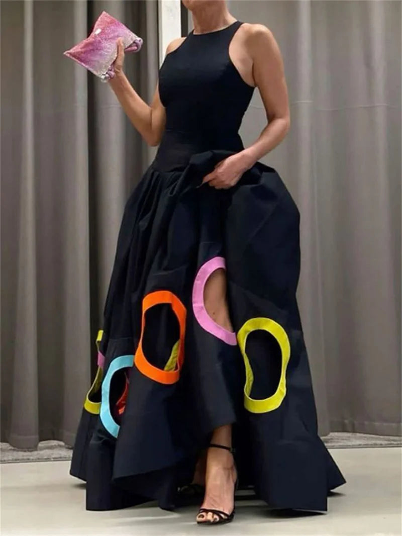 2025 Fashion Women's Stylish Dress Round Neck Sleeveless High Waist Pleated Party Dress Hollowed Floor Length Dress T Styles Online