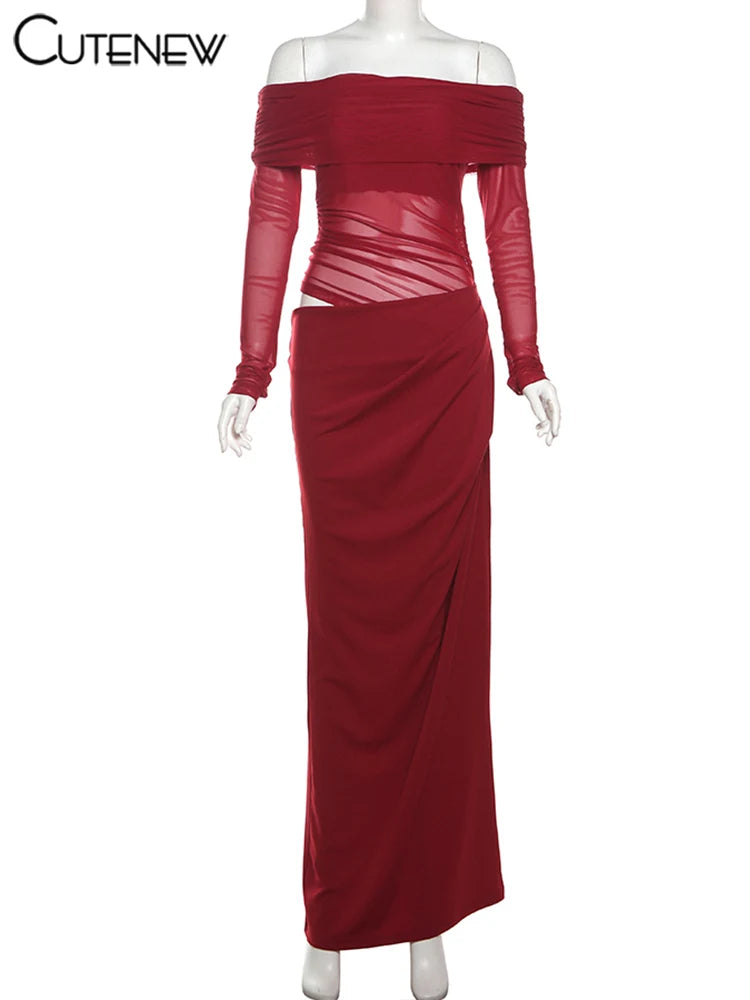 Cutenew Mesh Ruched Women Maxi Dress Sexy See Through Off Shoulder Long Sleeve Sheath Vestidos Female Midnight Party Solid Robe T Styles Online