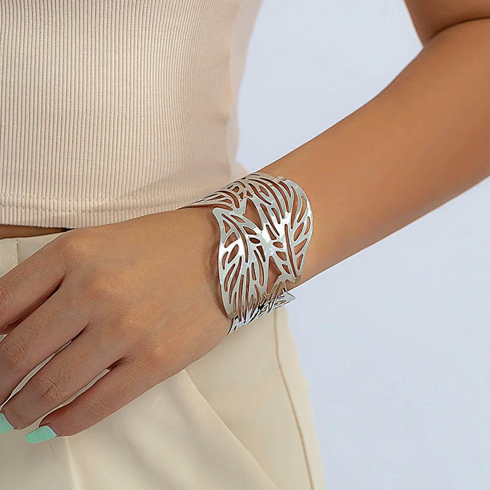 Lacteo Trendy Hollow Wide Cuff Bracelet Leaf Flower Shape Opening Gold Color Big Bangle for Women Jewelry Fashion Punk Ladies T Styles Online