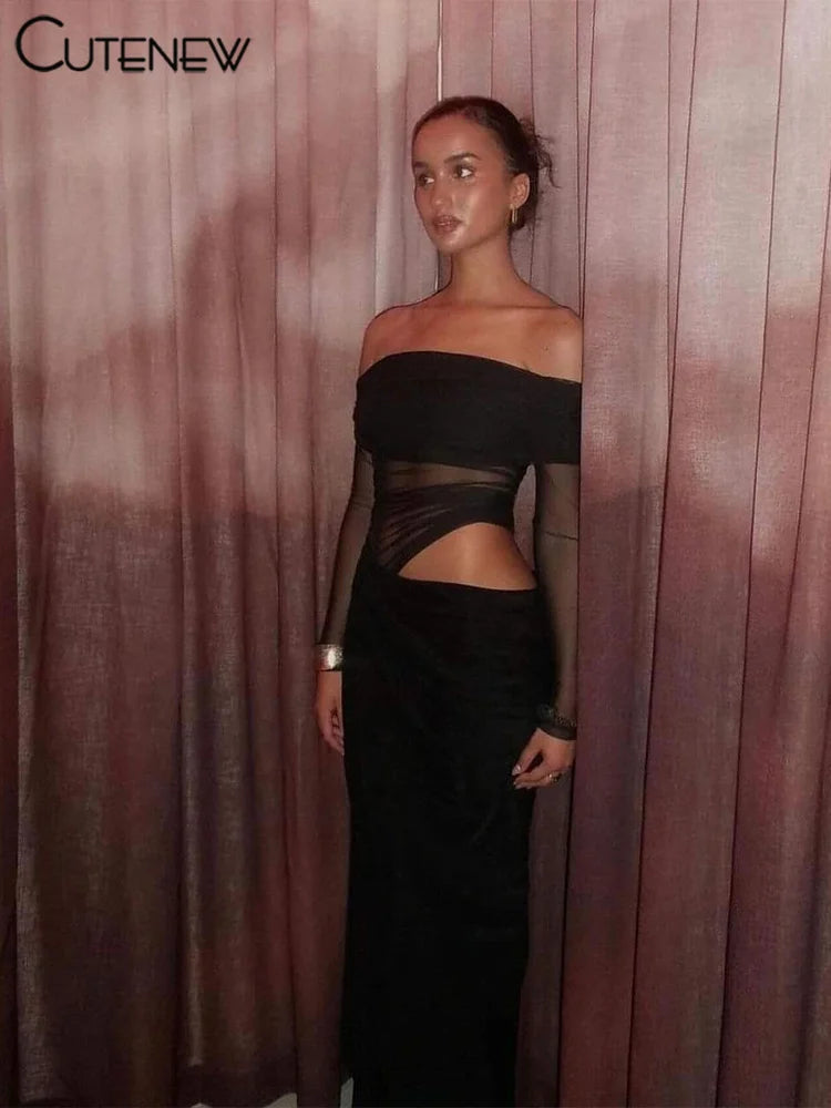 Cutenew Mesh Ruched Women Maxi Dress Sexy See Through Off Shoulder Long Sleeve Sheath Vestidos Female Midnight Party Solid Robe T Styles Online