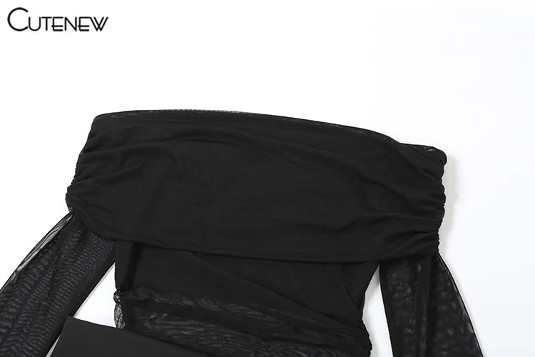 Cutenew Mesh Ruched Women Maxi Dress Sexy See Through Off Shoulder Long Sleeve Sheath Vestidos Female Midnight Party Solid Robe T Styles Online