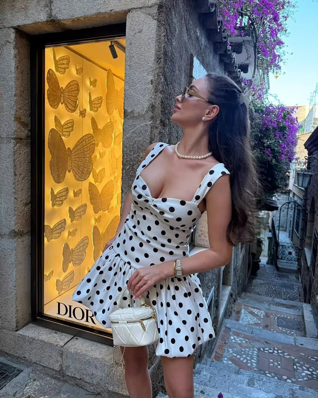 European and American style 2025 summer new sexy hot girl low-cut slim polka dot suspender dress T Styles Online