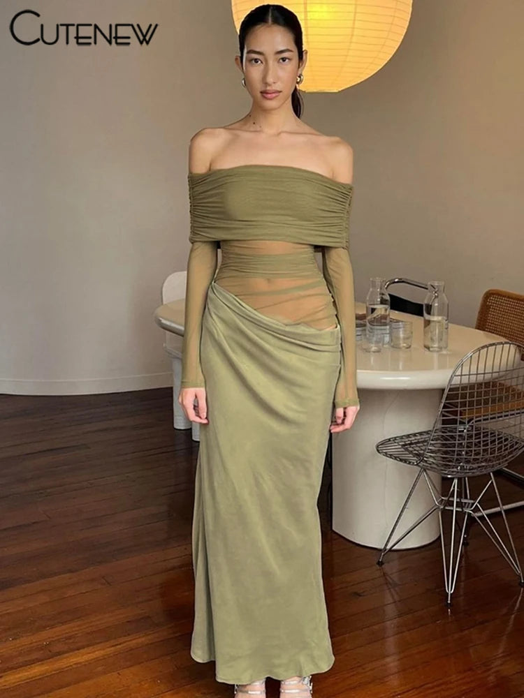 Cutenew Mesh Ruched Women Maxi Dress Sexy See Through Off Shoulder Long Sleeve Sheath Vestidos Female Midnight Party Solid Robe T Styles Online