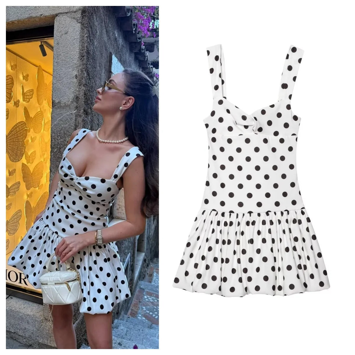 European and American style 2025 summer new sexy hot girl low-cut slim polka dot suspender dress T Styles Online