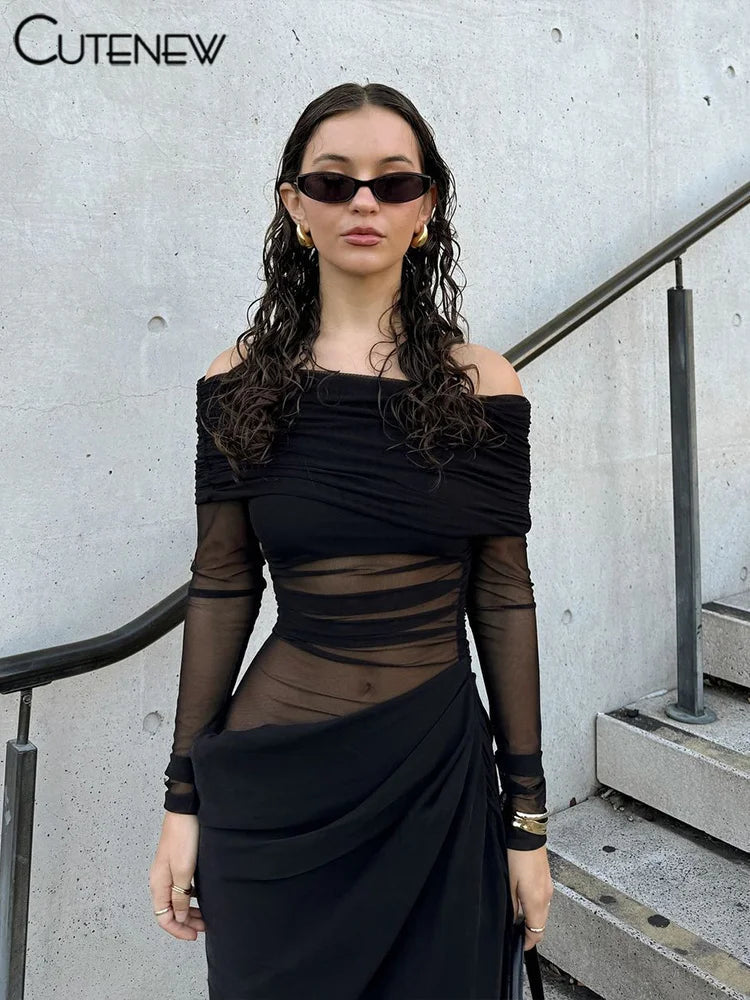 Cutenew Mesh Ruched Women Maxi Dress Sexy See Through Off Shoulder Long Sleeve Sheath Vestidos Female Midnight Party Solid Robe T Styles Online