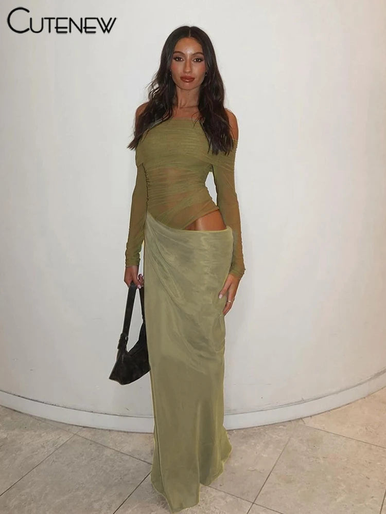 Cutenew Mesh Ruched Women Maxi Dress Sexy See Through Off Shoulder Long Sleeve Sheath Vestidos Female Midnight Party Solid Robe T Styles Online