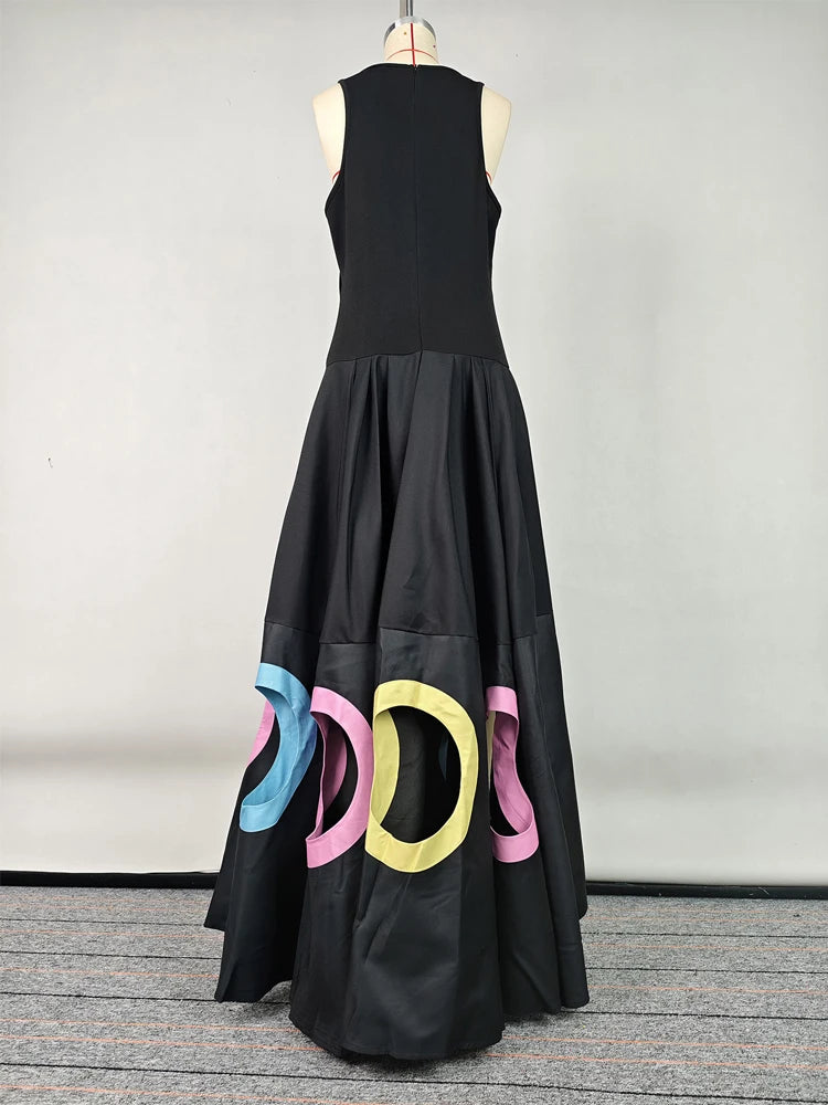 2025 Fashion Women's Stylish Dress Round Neck Sleeveless High Waist Pleated Party Dress Hollowed Floor Length Dress T Styles Online
