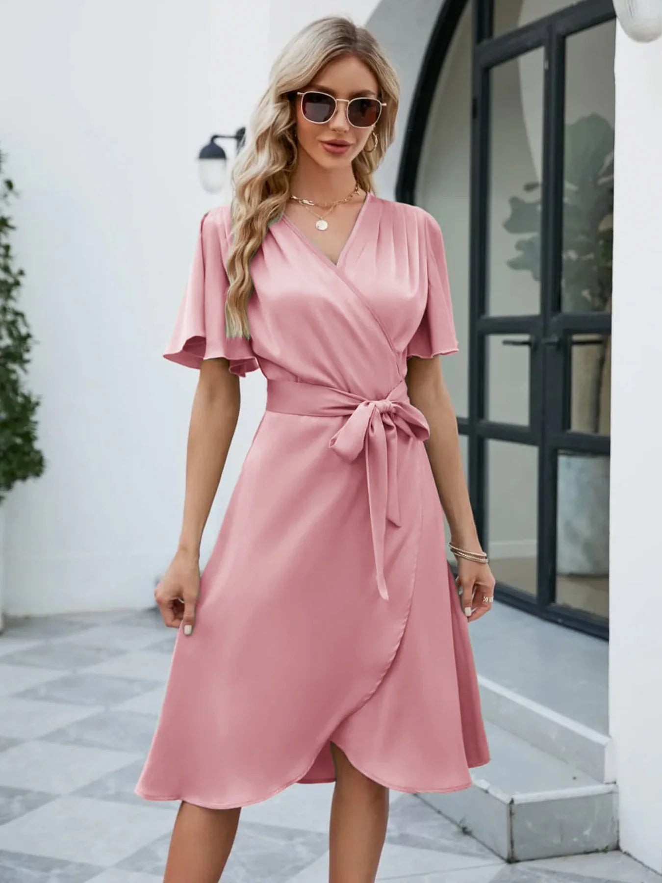 Solid Color Horn Short Sleeved V-neck Lace Up Women's Dress Fashionable Street Elegant Commuting Style Summer Dress T Styles Online