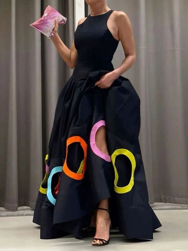 2025 Fashion Women's Stylish Dress Round Neck Sleeveless High Waist Pleated Party Dress Hollowed Floor Length Dress T Styles Online