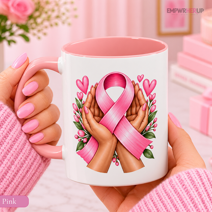 Caring Hands Breast Cancer Mug, Pink Ribbon Support Gift for Her, Floral Coffee Mug, Caregiver Gift, Chemo Encouragement Gift Printify