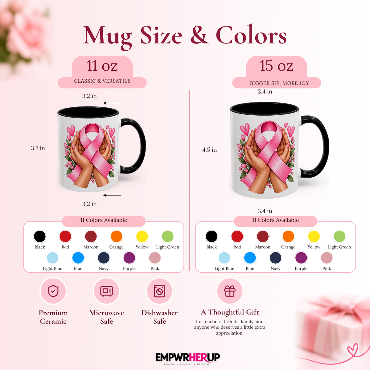 Caring Hands Breast Cancer Mug, Pink Ribbon Support Gift for Her, Floral Coffee Mug, Caregiver Gift, Chemo Encouragement Gift Printify