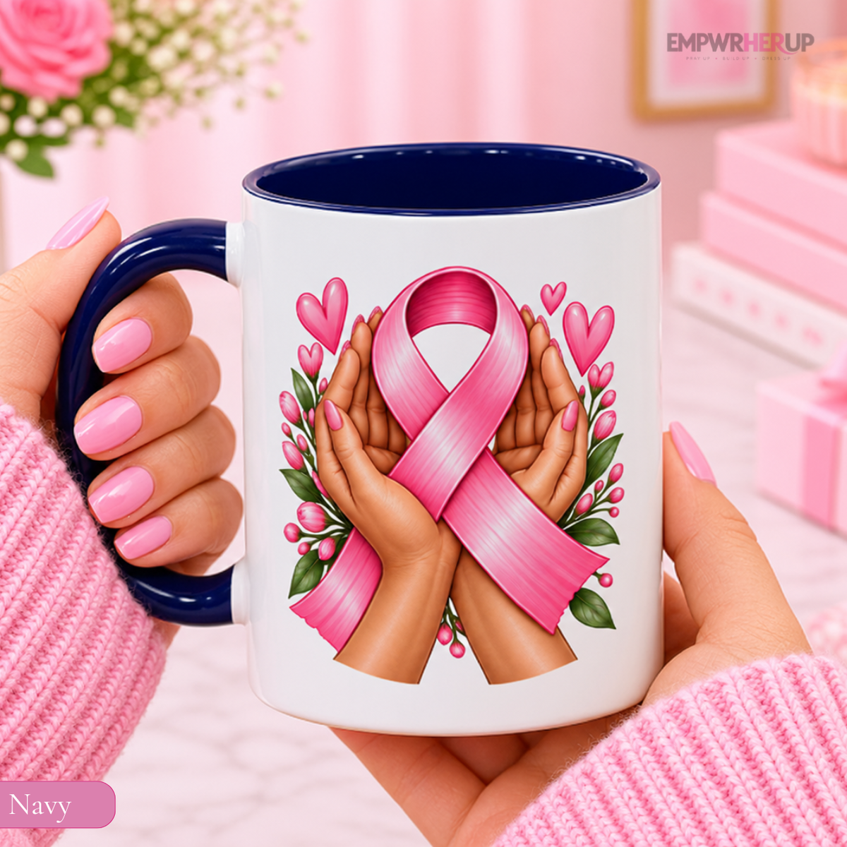 Caring Hands Breast Cancer Mug, Pink Ribbon Support Gift for Her, Floral Coffee Mug, Caregiver Gift, Chemo Encouragement Gift Printify