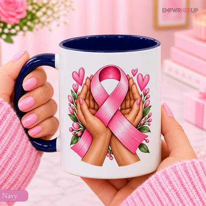 Caring Hands Breast Cancer Mug, Pink Ribbon Support Gift for Her, Floral Coffee Mug, Caregiver Gift, Chemo Encouragement Gift Printify