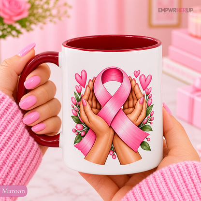 Caring Hands Breast Cancer Mug, Pink Ribbon Support Gift for Her, Floral Coffee Mug, Caregiver Gift, Chemo Encouragement Gift Printify