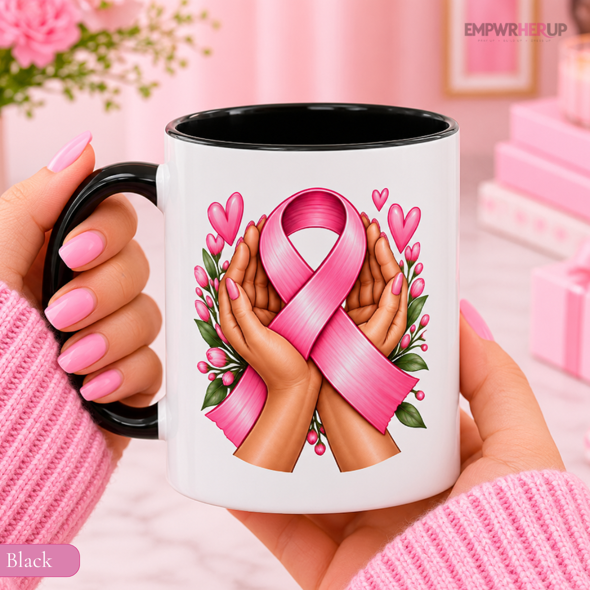 Caring Hands Breast Cancer Mug, Pink Ribbon Support Gift for Her, Floral Coffee Mug, Caregiver Gift, Chemo Encouragement Gift Printify