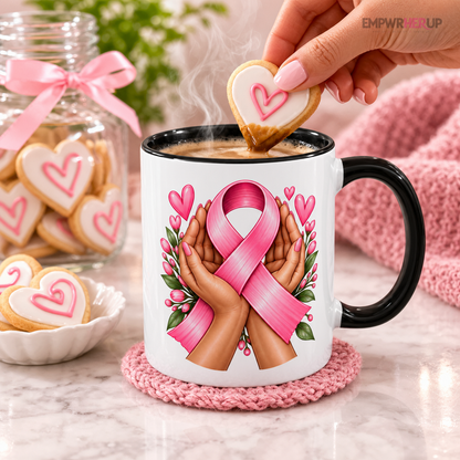 Caring Hands Breast Cancer Mug, Pink Ribbon Support Gift for Her, Floral Coffee Mug, Caregiver Gift, Chemo Encouragement Gift Printify