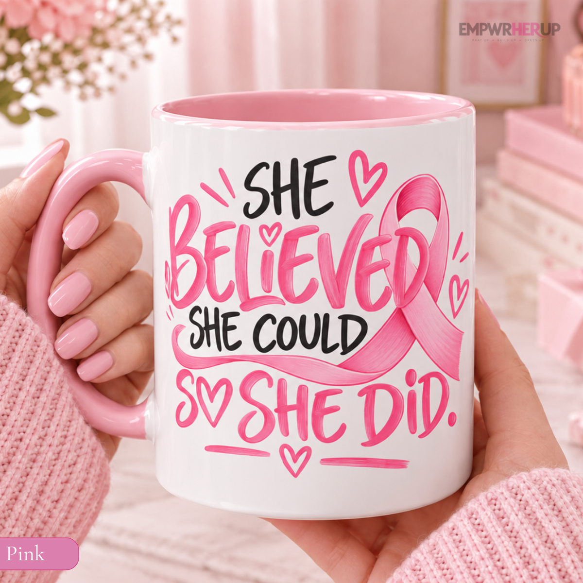 She Believed She Could So She Did Mug, Breast Cancer Survivor Coffee Mug, Pink Ribbon Cup, Inspirational Gift for Women Printify