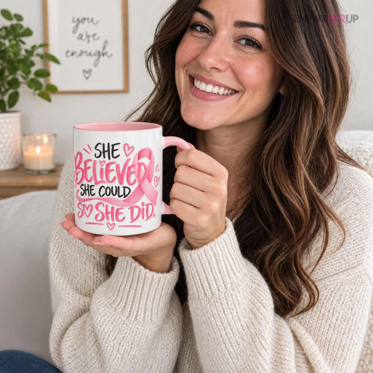 She Believed She Could So She Did Mug, Breast Cancer Survivor Coffee Mug, Pink Ribbon Cup, Inspirational Gift for Women Printify